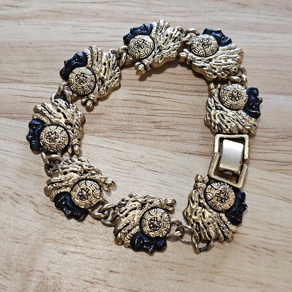 Vintage Figural Bracelet Linked Black & Gold Face with Tribal Headdress
